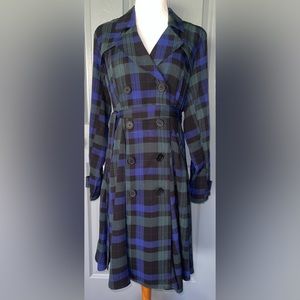 TORRID TWILL FIT & FLARE SKATER BLUE & GREEN PLAID DRESS TRENCH COAT.